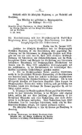 Vereinbarung mit der Großherzoglich Badischen Regierung über gegenseitige Anerkennung der Prüfungszeugnisse für Lehrerinnen : [IV. Seminare, Bildung der Lehrer und deren persönliche Verhältnisse]