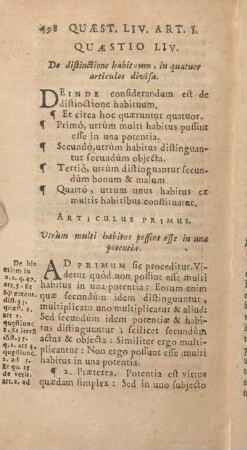 Quaestio LIV. De distinctione habituu, in quatuor articulos divisa.