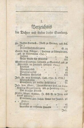 I. Verzeichnis der Dichter und Lieder dieser Sammlung.