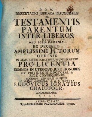 Diss. iur. inaug. de testamentis parentum inter liberos