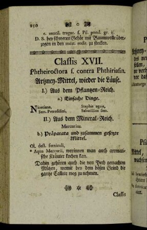 Classis XVII. Phtheiroctora s. contra Phthiriafin. Artzney-Mittel, wieder die Läuse.