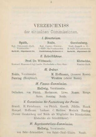 Verzeichniss der einzelnen Commissionen