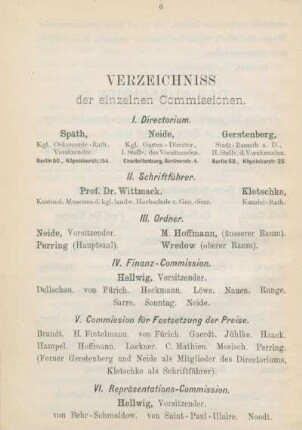 Verzeichniss der einzelnen Commissionen