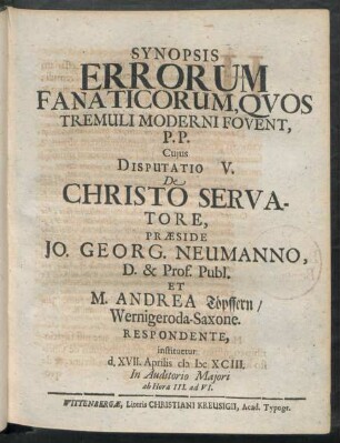 ... Disputatio V. De Christo Servatore ...