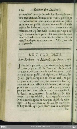Lettre DLXII. Aux Rochers, ce Mécredi, 29. Juin, 1689