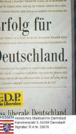 Deutschland (Bundesrepublik), 1990 Dezember 2 / Wahlplakat der FDP (Freie Demokratische Partei) zur Bundestagswahl am 2. Dezember 1990 / Schriftplakat, schwarze Schrift auf weißem Grund