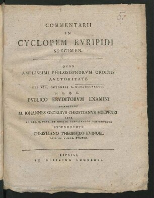 Commentarii In Cyclopem Evripidi[!] Specimen