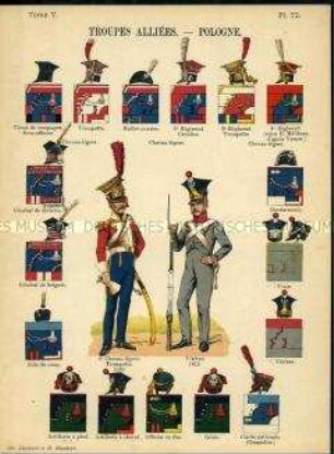 Uniformdarstellung, Chevauleger-Trompeter und Veteran der Polnischen Legionen, Detailstudien von Kopfbedeckungen und Abzeichen der Alliierten Polnischen Regimenter, Frankreich, 1810/1812.