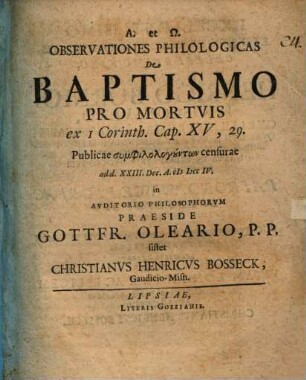 Observationes philologicas de baptismo pro mortuis, ex 1 Cor. 15, 29