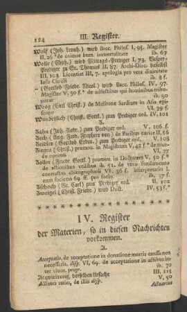 IV. Register der Materien, so in diesen Nachrichten vorkommen