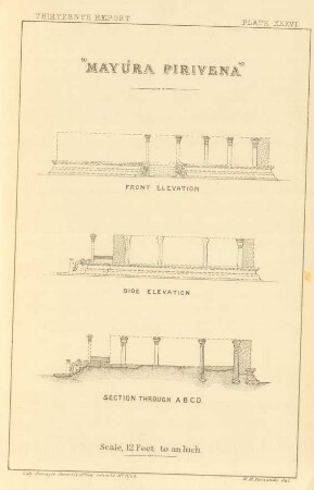 Plate XXXVI. "Mayúra pirivena". Front elevation. Side elevation. Section through A. B. C. D.