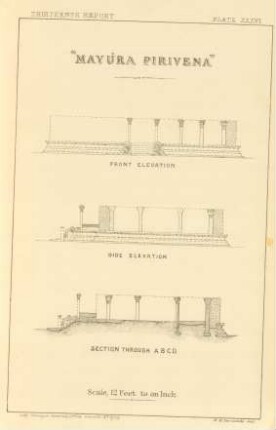 Plate XXXVI. "Mayúra pirivena". Front elevation. Side elevation. Section through A. B. C. D.