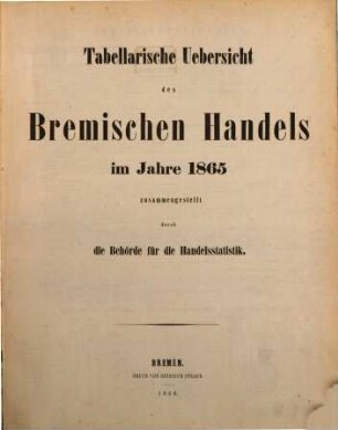 Tabellarische Übersicht des bremischen Handels : im Jahre ..., 1865