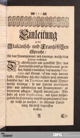 Einleitung zu der Italiänisch- und Frantzösischen Sprache