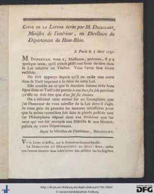 Copie de la Lettre écrite par M. Delessart, Ministre de l'interieur, au Directoire du Département du Haut-Rhin.