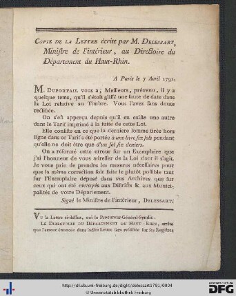 Copie de la Lettre écrite par M. Delessart, Ministre de l'interieur, au Directoire du Département du Haut-Rhin.