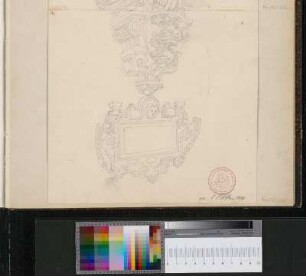 Wappenkonsole von der Büste der Herzogin Elisabeth von Braunschweig am Gewölbansatz des östlichen Arkadenumgangs und Rollwerkkartusche mit Namenstafel (Dreiviertelansicht)