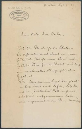 08. September 1889, Dresden [Brief von Alphons Stübel an Max Uhle]