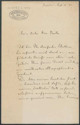 08. September 1889, Dresden [Brief von Alphons Stübel an Max Uhle]
