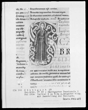 Stuttgarter Passionale — Pars hiemalis (erster Band) — Initiale S, darin die heilige Brigitta, Folio 210verso