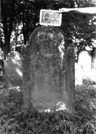 Grabstein 674 (Index: 100104899) Material: Sandstein Zustand: stark verwittert, abgeblättert, vollständiger Textverlust Maße HxBxT: 126x62x8 cm Beschreibung: Stele, eingezogener Rundbogenabschluss, Schriftfeld eingetieft mit Konvexbogenabschluss, im Bogenfeld Rest eines Ornamentes ?: Grabstein 674