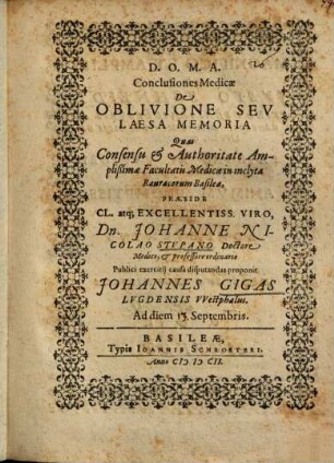 D. O. M. A. Conclusiones Medicae De Oblivione Seu Laesa Memoria