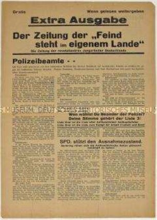 Sonderdruck der "Revolutionären Jungarbeiter Deutschlands" zu einer Reichstagswahl 1932 mit Ausrichtung auf die Polizeibeamten