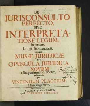 De Iurisconsulto Perfecto, Sive Interpretatione Legum, in genere, Liber Singularis. itemque Musae Iuridicae sive Opuscula Iuridica Novem
