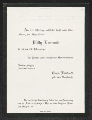 Brief von Clara Lentrodt an Gerhart Hauptmann