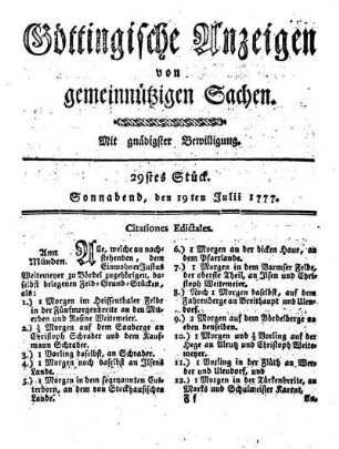 29stes Stück. Sonnabend, den 19ten Julii 1777.
