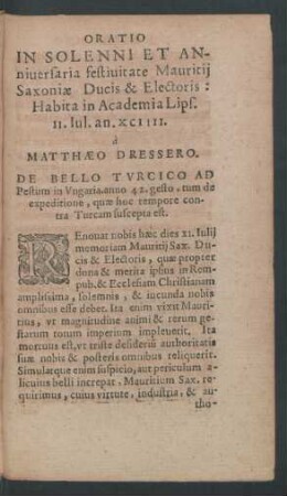 Oratio In Solenni Et Anniversaria festivitate Mauritii Saxoniae Ducis & Electoris: Habita In Academia Lips. II. Iul. an. XCIIII.