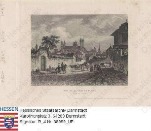 Worms am Rhein, Innenstadtansicht mit Dom, Fuhrwerken und Personenstaffage