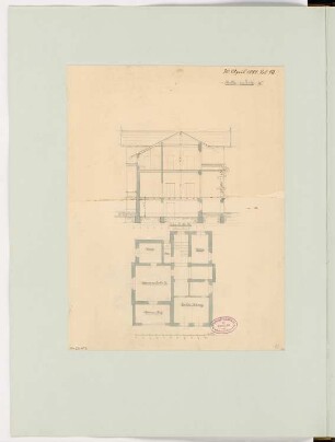 Ländliches Wohnhaus, Berlin-Lichterfelde Monatskonkurrenz April 1881: Grundriss Keller, Querschnitt; Maßstabsleiste