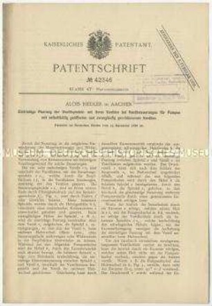 Patentschrift einer Ventilspindel mit ihren Ventilen bei Ventilsteuerungen für Pumpen, Patent-Nr. 1886.12.23