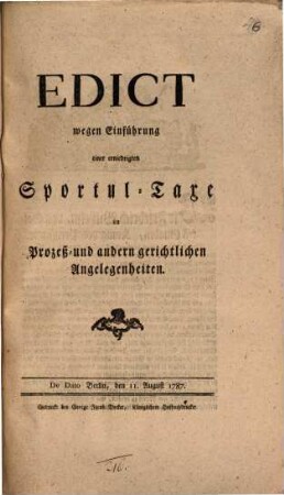 Edict wegen Einführung einer erniedrigten Sportul-taxe in Prozeß- und andern gerichtlichen Angelegenheiten