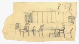 Sitzmöbelskizzen und ein Schrank : Aneinander gereihte Schrankteile und ein Regal in Vorderansicht; Stuhlskizzen teils unfertig in unterschiedlichen Perspektiven, ein Stuhl mit sitzender Figur