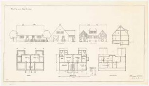 Musterhäuser für Kleinsiedlungen: Doppelwohnhaus Vorderansicht, Rückansicht und Seitenansicht, Querschnitt, Grundrisse von Kellergeschoss, Erdgeschoss und Dachgeschoss 1:100