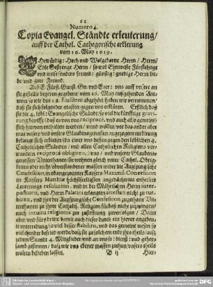 Numero 4. Copia Evangel. Stände erleuterung, auff der Cathol. Cathegorische erklerung vom 16. May 1619