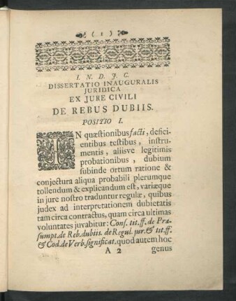 Ex Iure Civili De Rebus Dubiis. Positio I.
