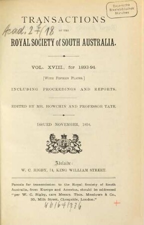 Transactions of the Royal Society of South Australia : incorporating the Records of the South Australian Museum. 18. 1893/94