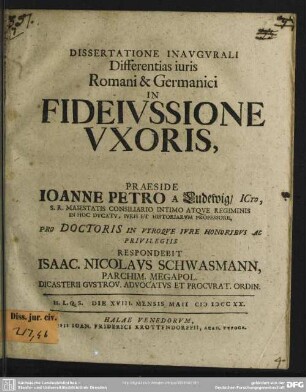 Dissertatione Inaugurali Differentias iuris Romani & Germanici In Fideiussione Uxoris