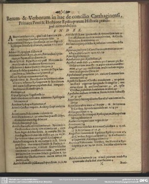Rerum & Verborum in hac de concilio Carthaginensi, Primatu petri & Electione Episcoporum Historia praecipuè memorabilium