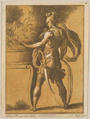 Mucius Scaevola hält seine Hand in die Flammen