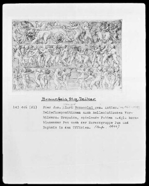 Reliefkompositionen. Tropaion, spielende Putten und hornblasender Pan nach der Marmorgruppe Pan und Daphnis in den Uffizien, Folio recto