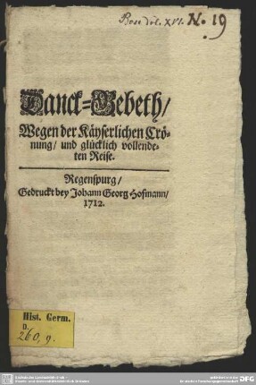 Danck-Gebeth, Wegen der Käyserlichen Crönung, und glücklich vollendeten Reise