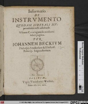 Informatio De Instrumento Quodam Siderali Nuper exhibito recte adhibendo : Usuum Catalogum secunda exhibet pagina