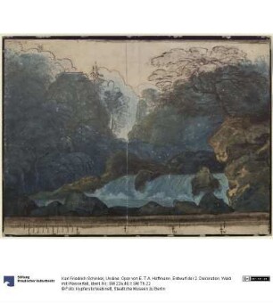 Undine. Oper von E. T. A. Hoffmann. Entwurf der 2. Dekoration. Wald mit Wasserfall