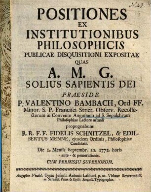 Positiones Ex Institutionibus Philosophicis Publicae Disquisitioni Expositae