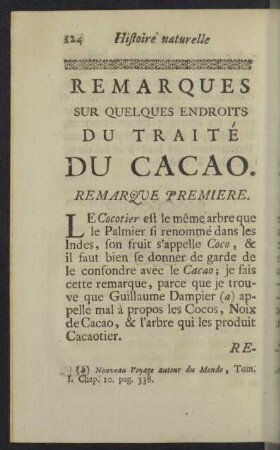 Remarques sur quelques endroits du traite du Cacao.