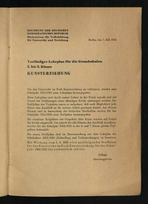 Vorläufiger Lehrplan für die Grundschulen 5. bis 8. Klasse: Kunsterziehung